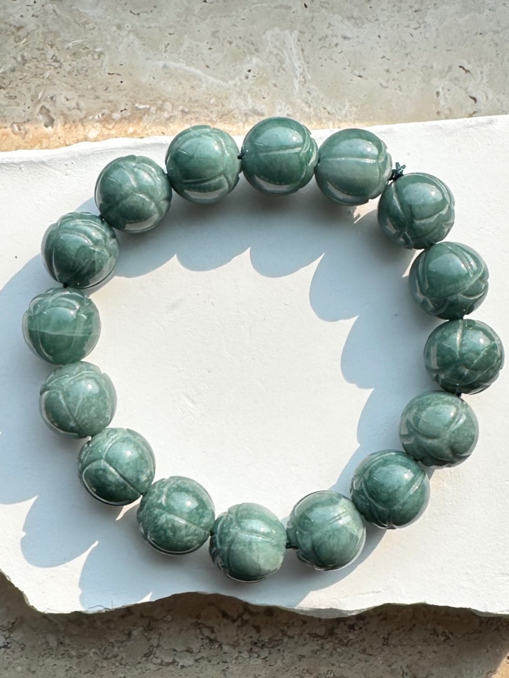 Grade A Natural Guatemalan Blue Water Jadeite Carved Lotus Bead Stretch Bracelet